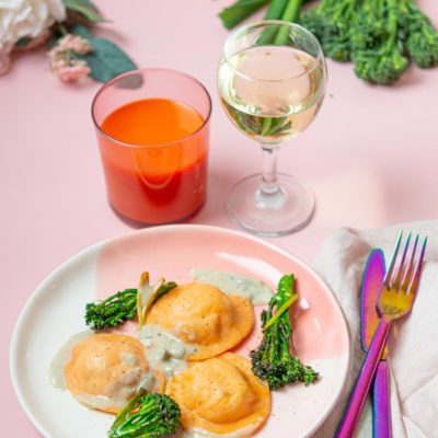 Recette de Raviolis aux carottes, bimis poêlés et sauce gorgonzola, recette facile de Saint-Valentin