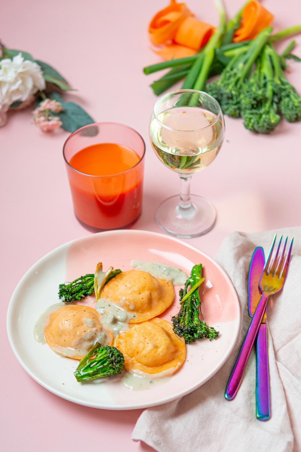 Recette de Raviolis aux carottes, bimis poêlés et sauce gorgonzola, recette facile de Saint-Valentin