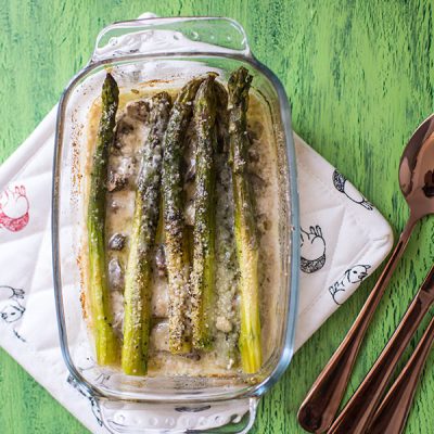 Recette d'Asperges et champignons gratinés