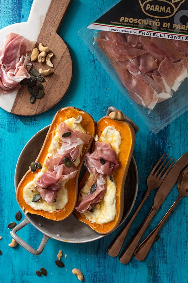 Recette de Butternut rôtie au fromage de chèvre et jambon de Parme