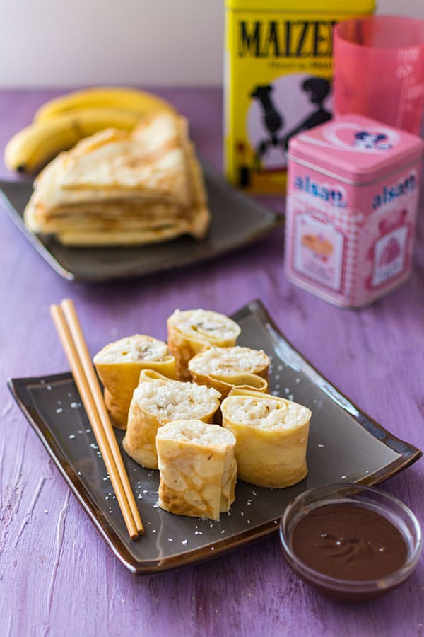 Recette de Makis de crêpes, riz au lait, banane et chocolat {Concours avec Alsa et Maïzena}