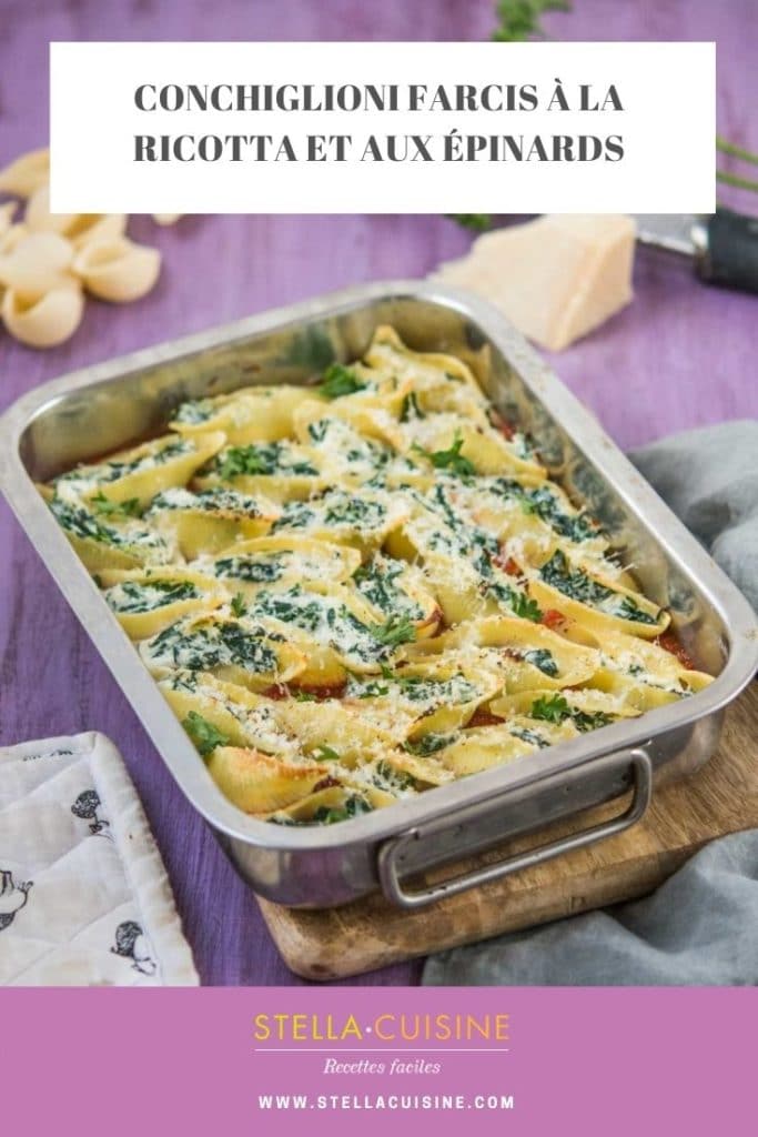Recette de Conchiglioni farcis ricotta épinards. Cannellonis ou conghiglioni farcis, recette végétarienne, recette avec des épinards.