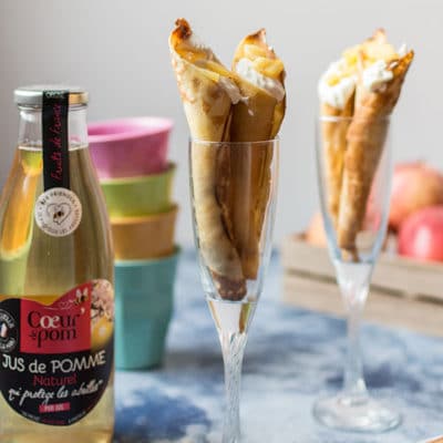 Recette de cornet de crêpes, ganache montée chocolat blanc, pommes caramélisées.