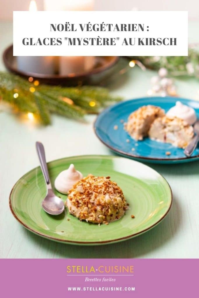 Recette de Noël végétarien : Glaces "Mystère" au Kirsch. Recette facile de crème glacée vanille maison, avec du kirsch, des meringues et faire du pralin maison !