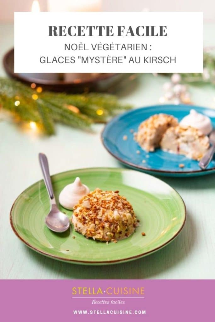Recette de Noël végétarien : Glaces "Mystère" au Kirsch. Recette facile de crème glacée vanille maison, avec du kirsch, des meringues et faire du pralin maison !