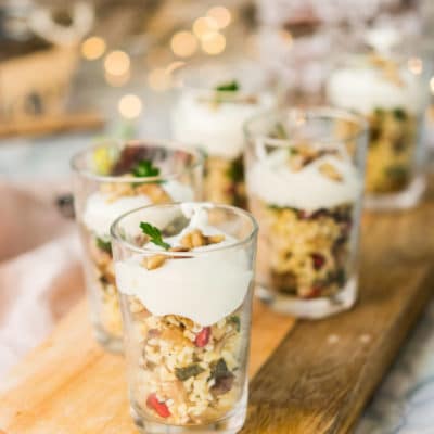 Recette de Noël végétarien : verrines boulghour, châtaignes, grenade, chantilly salée