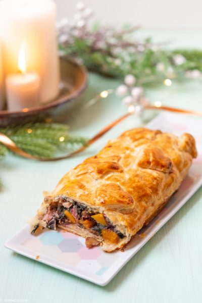 Recette de Noël végétarien : Wellington de légumes. Recette facile de Wellington végétarien aux légumes, courge, marrons, cranberries. Un délice !