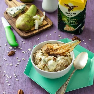 Recette de Risotto Taureau Ailé à la poire et au fromage bleu, avec du riz carnaroli, un risotto sucré salé d'automne très réconfortant !