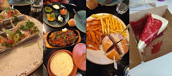 De gauche à droite : Tacos poulet, Fajitas boeuf, Burger et frites normales et patate douce, Cheesecake de chez Rachel